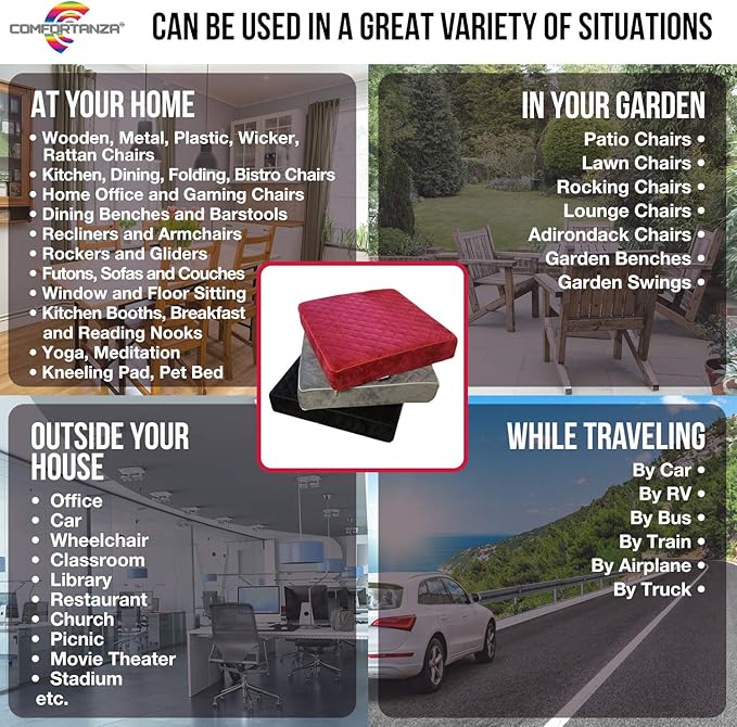 Booster Cushion for Adults - 18x18x5 Medium-Firm Seat Cushion for Home, Office, Wheelchair, Car - Washable Velvety Cover with Waterproof Layer, Removable Strap & Non-Slip Base - Gray