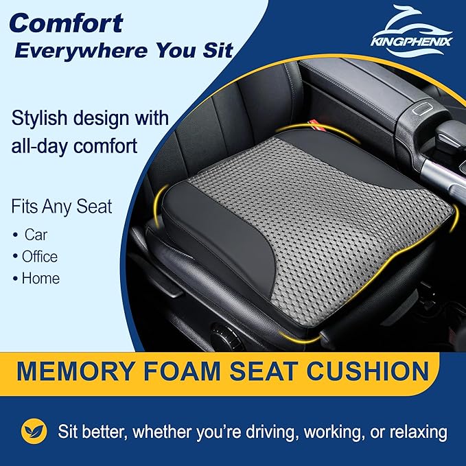kingphenix Car Seat Cushion – Memory Foam Pad for Driving Comfort – Boosts Height and Relieves Coccyx & Lower Back Pain – Car, Truck, Office Chair (Black & Gray)