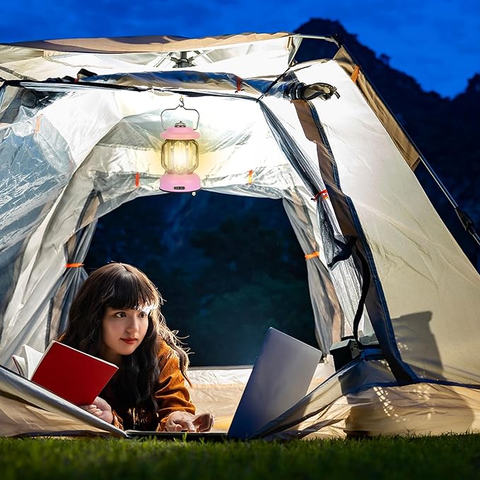 Rechargeable LED Camping Lanterns, Vintage Camping Lights Battery Operated, Portable Retro Metal Glamping Lights for Hiking, Hurricane, Decoration, Power outages, Pink, 2 Pack