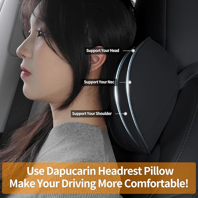 Car Neck Pillow Memory Foam Premium Leather Headrest Neck Support Cushion Universal for Driving Home Office, Black,2PC