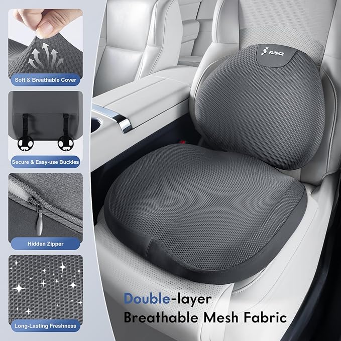 FLORICH Seat Cushion and Lumbar Support Pillow for Office Chair Car, Ergonomic Memory Foam Back Support for Office Gaming Chair Driving Seat Wheelchair, Relieves Neck, Back & Sciatica Pain – Gray