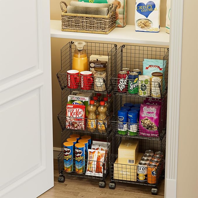 Outdoor Toy Storage Basket, Play Kitchen Organizer with 5 S-Hooks,3 Tier Rolling Storage Cart Garage, Pantry Floor Snack Cart with Wheels,Toy Shelf Dog Storage Organizer Kids Bookshelf