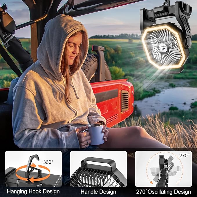 Odoland Rechargeable Camping Fan, 20000mAh Battery Fans with LED Lantern for Tent Car Beach Storm, Portable Light Desk Cooling Fan for Picnic Power Outage Hurricane, Black