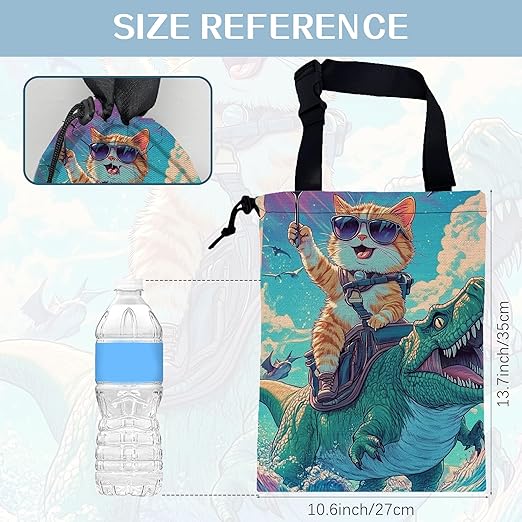 Funny Cat Riding Dinosaur Car Trash Bag,Cat Wear Sunglasses Holding Fork Strap Drawstring Car Garbage Bags,Car Back Seat Organizer with Adjustable Buckle for Car Accessories
