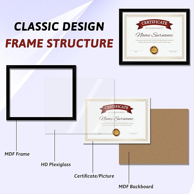 NEXCOVER Diploma Frame Black 6 Pack, 8.5 x 11 Certificate Frame with HD Plexiglass, 8.5 by 11 Picture Frames for Documents, Photos, Posters, Artworks, Horizontal and Vertical Wall Display