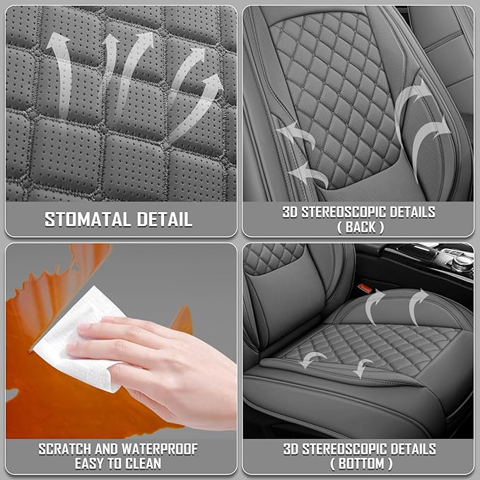 Premium Leather Car Seat Covers, Universal Fit for Cars SUVs Trucks and Sedans, Waterproof Car Seat Cushion with Airbag Compatible & Scratch-Resistant, Grey Seat Covers for 5 Seats