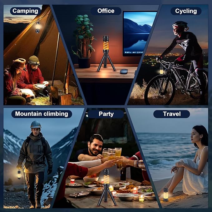 Portable Camping Light USB Rechargeable Battery 5 Light Modes IPX6 Waterproof Tent Light Tripod Camping Light LED Flashlight Suitable for Power Outages, Emergencies, Hurricanes, Hiking, CampingPicnics