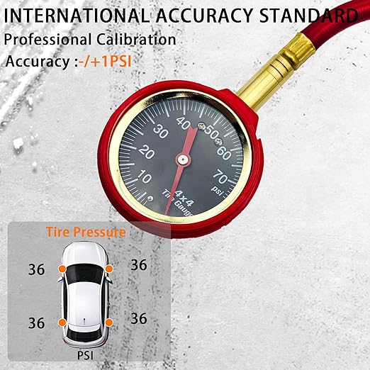 SUVCARMPING 60/70 PSI Tire Pressure Gauge Accurate Air Pressure Gauge (±1%), for Tires with Large Glow Dial, Valve Cap and Valve Core Tool, Red