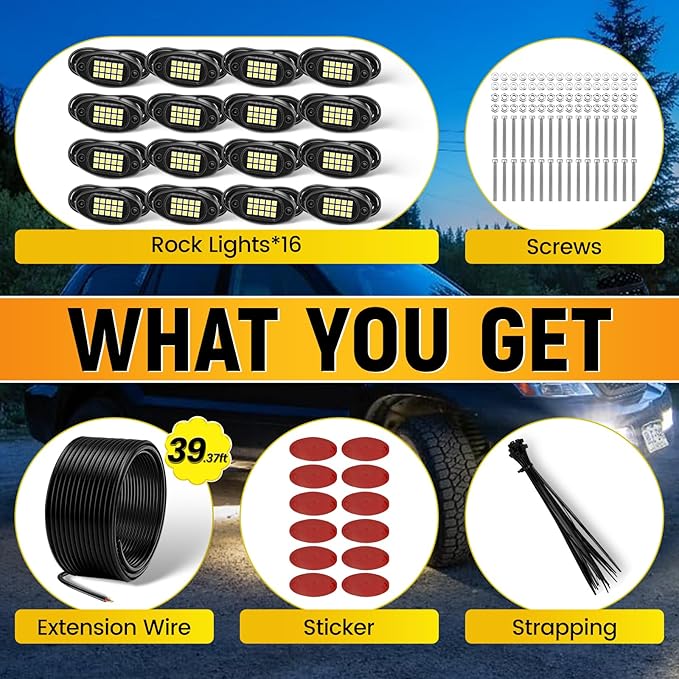 YONEDA 16 Pods White Rock Lights 6000K Ultra Bright LED Neon Underglow Lights IP68 Waterproof for Trucks SUV UTV ATV RZR Car Boats Pickup Motorcycle with 39.37in Extension Wire