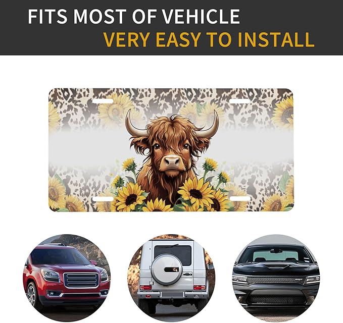 Front License Plate Highland Cattle Sunflower Vanity Plates Aluminum Metal Decorative Car Tag Brown Cow Print Novelty License Plate Cover for Men Women 6 * 12 in (4 Holes)