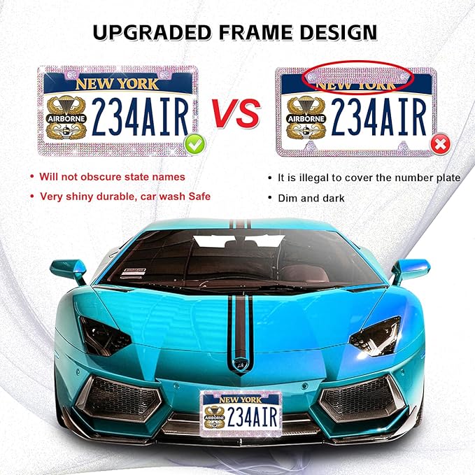 Bling License Plate Frame - Stainless Steel Colorful Rhinestones Car Accessories with 1200 Crystals, Universal Fit Decorative Diamond Plate Covers for Women Men All Cars
