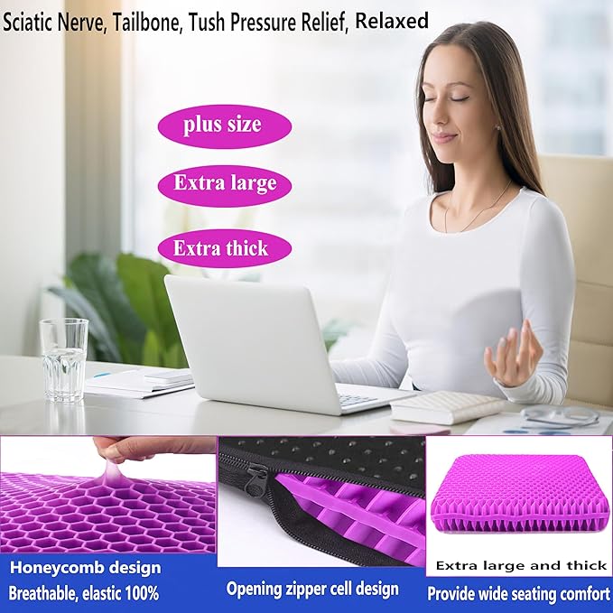 Plus Size Gel Seat Cushion, Extra Large and Thick, Seat Cushion for Buttocks, Back, Sciatica, Tailbone Pain Relief, Used for The Office, Wheelchair, Car, Recliner, Truck, Medical, Stadium.(Rose red)