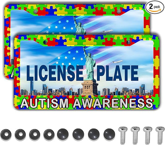 Custom License Plate Frame Multicolor License Plate Frames Autism Awareness Puzzle Universal Aluminum Car Accessory 2 Pack with Screw Covers Set
