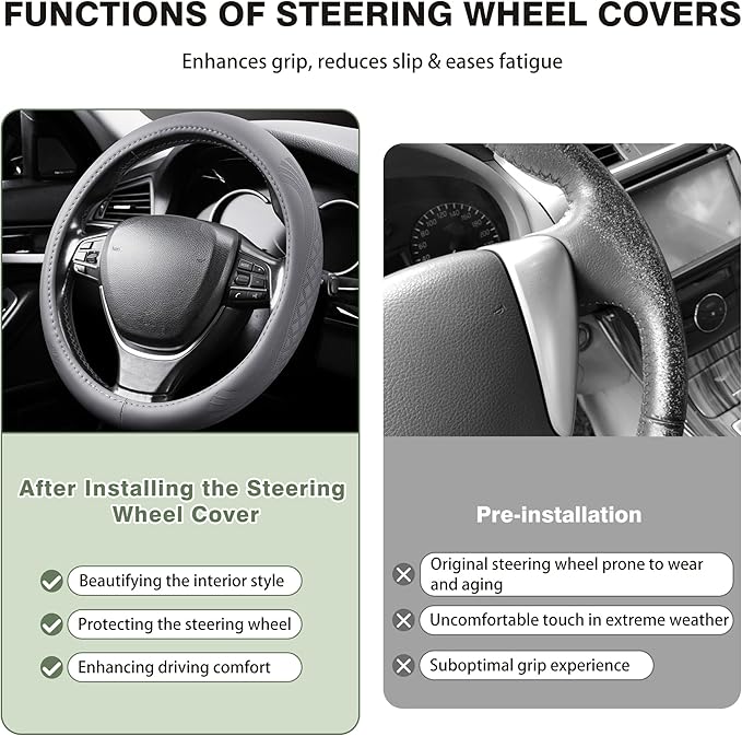 【2025 Model】 Premium Nappa Leather Car Steering Wheel Cover for Men Women, Non-Slip, Breathable, Universal 15 inches Steering Wheels, Grey