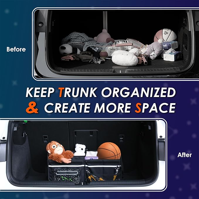 Car Trunk Organizer & Storage | 63L Capacity, 23.6"×13.8"×11.8" | Fluorescent Constellation Design | Waterproof, Collapsible with Adjustable Straps | for SUV, Small/Midsize Cars - Black-M004
