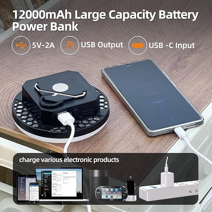 10000mAh Rechargeable Tent Light 3 Lighting Modes, 4000LM LED Portable Camping Lantern, IPX5 Waterproof, 30W Hanging Tent Light with Magnet, for Emergency & Gift