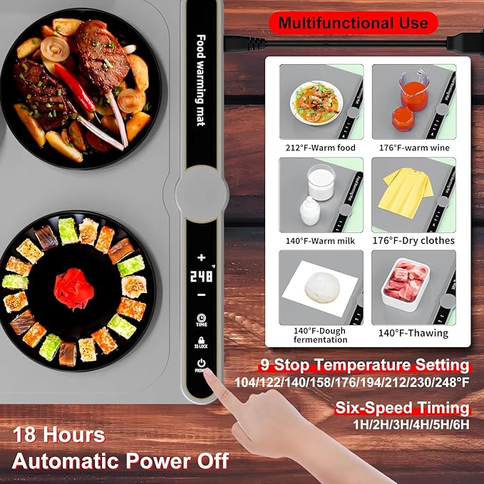 Warming Mat for Food, Food Warmers for Parties Buffet, 9 Temp Levels, Timer, Waterproof, Heat Insulating, Dishwasher-Safe, for Home, Bread Dough to Rise(Gray)