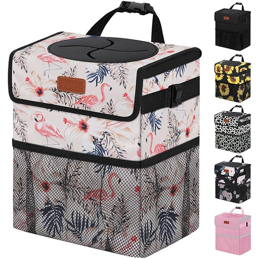 Cute Car Trash Can, Car Accessories for Women Interior Can Trash Bag Hanging Automotive Garbage Cans Pink Flamingo
