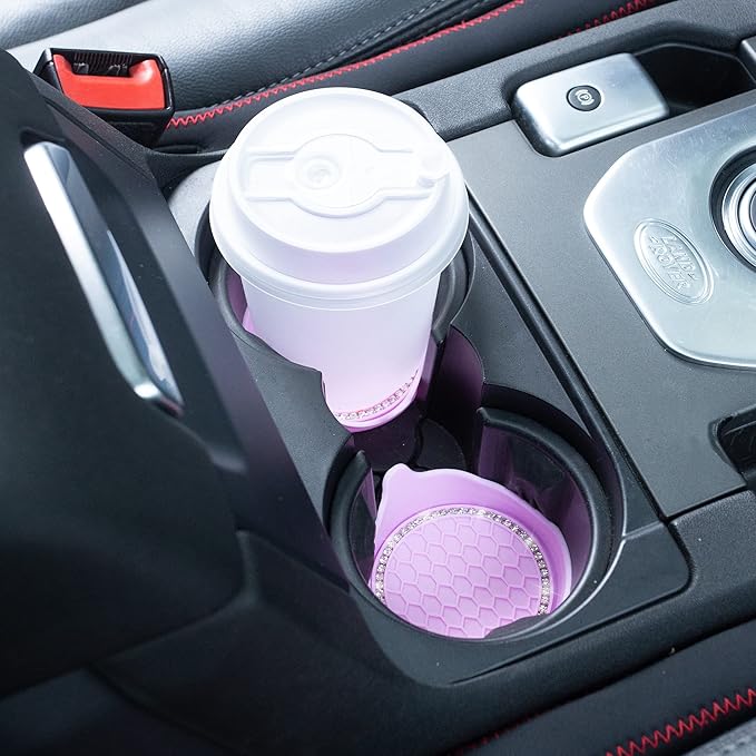 Amooca Car Cup Coaster Universal Non-Slip Cup Holders Bling Crystal Rhinestone Car Interior Accessories 4 Pack Pink