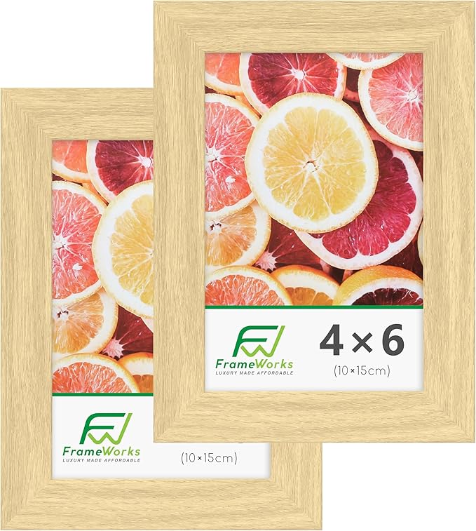 FrameWorks 2-Pack, 4x6 Picture Frame, Natural Oak – Classic Wooden Photo Frame with Tempered Glass, Modern Matte Finish for Prints, Posters, Certificates & Wall Decor – Gallery-Ready