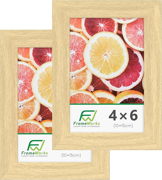 FrameWorks 2-Pack, 4x6 Picture Frame, Natural Oak – Classic Wooden Photo Frame with Tempered Glass, Modern Matte Finish for Prints, Posters, Certificates & Wall Decor – Gallery-Ready