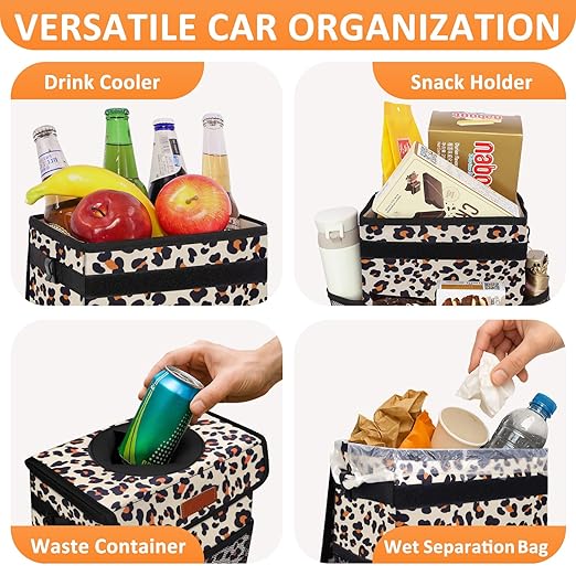 Cute Car Trash Can, Car Accessories for Women Interior Can Trash Bag Hanging Automotive Garbage Cans Leopard Pattern