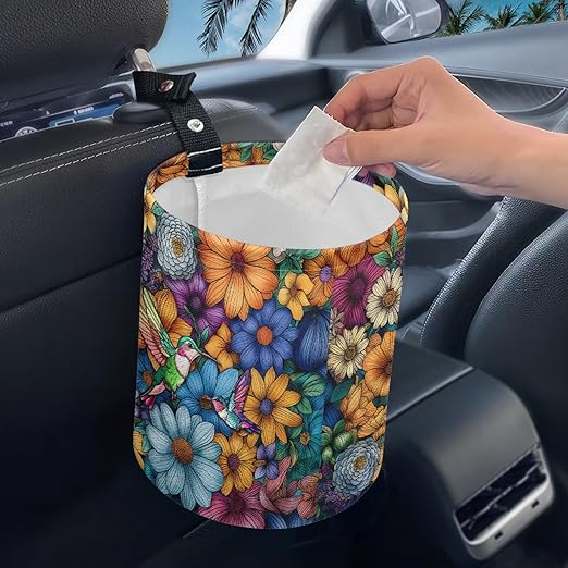 Hummingbird Flower Car Trash Can Leak Proof Waste Basket Container Bag Bin Hanging Cup Holder Organizer with Strap Mini Car Interior Accessories for Auto, Car, Camping, Travelling