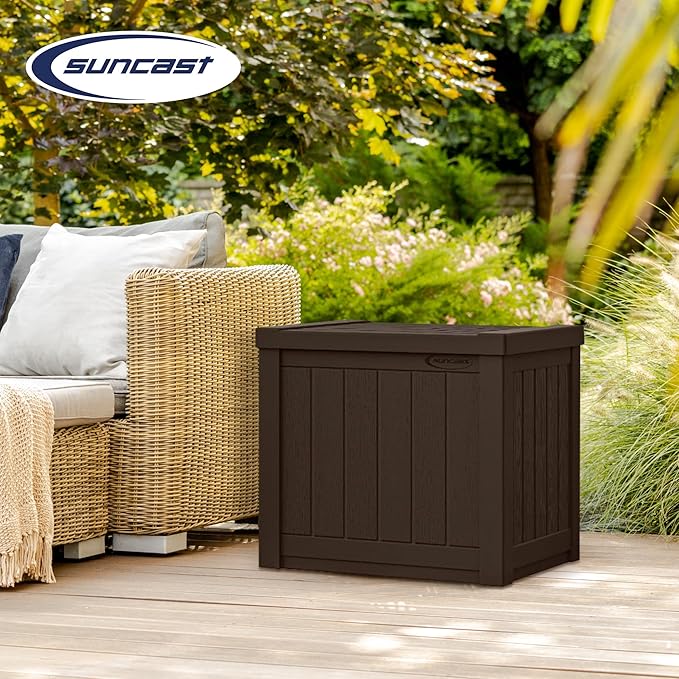 Suncast Small Outdoor Storage Box - 22 Gallon Java Resin Outdoor Deck Box, Flat-Lid Bench Seating, Patio Storage Bin Container for Organizing Tools, Cushions for Porch, Deck, Pool, & Garden