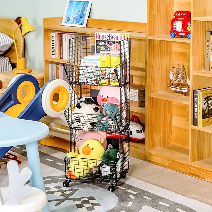 Outdoor Toy Storage Basket, Play Kitchen Organizer with 5 S-Hooks,3 Tier Rolling Storage Cart Garage, Pantry Floor Snack Cart with Wheels,Toy Shelf Dog Storage Organizer Kids Bookshelf