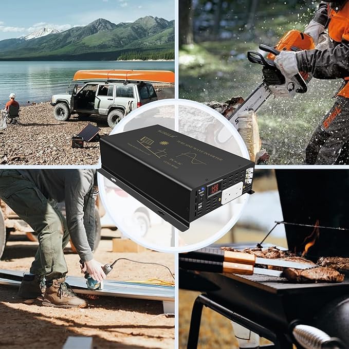 3000Watt Pure Sine Wave Power Inverter 12VDC to 120VAC 6000W Peak Built-in Soft Starter Dual AC Outlets 2× 2.4A USB Port &Hardwire Terminal Off-Grid Solar Converter RV Trucks (U5-300012)