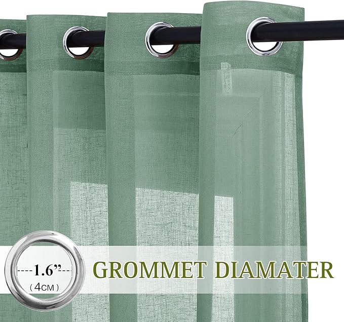 NICETOWN Linen Curtains Flax Sheer Texture for Living Room, Grommet Semi Sheer Vertical Drapes Privacy with Light Filtering for Bedroom/Patio Door, W70 x L96, Olive Green, 1 Pair