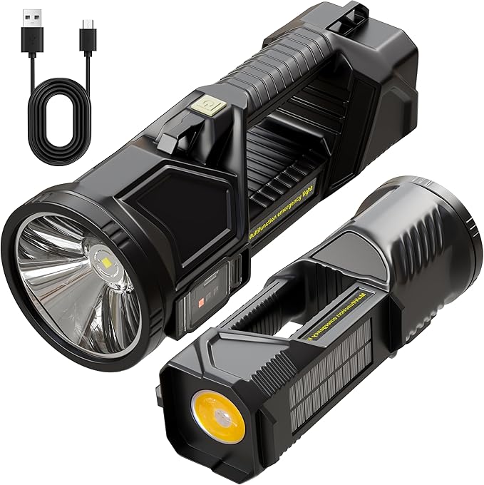 Solar Handheld Flashlight Rechargeable Multi Function High Bright 17000 Lumen 6 Modes LED Flashlight Emergency Strobe Light and 5400 MAH Battery Fishing Camping Emergency Light and USB Charging Cable