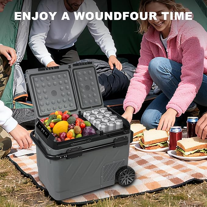 YELLOW JACKET 12v Car Refrigerator, 52-Quart Portable Freezer Electric Cooler with Wheels, 12V Car Fridge for Outdoor Camping Travel,12/24V DC 110~240 Volt AC Refrigerator for Home,RV, Offic