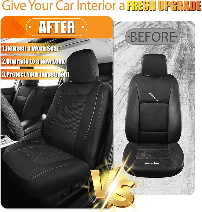 kingphenix 2 Pack Front Memory Foam Leather Car Seat Covers, Breathable 4D Mesh, Easy Install Automotive Seat Protectors, Airbag Compatible, Universal Fit for Cars, Trucks, Vans, SUV - Black