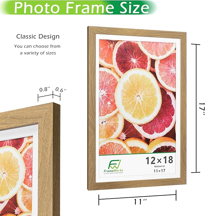 FrameWorks 2-Pack, 12x18 Matted to 11x17 Picture Frame, Golden Oak – Classic Wooden Photo Frame with Tempered Glass, Modern Matte Finish for Prints, Posters, Certificates & Wall Decor – Gallery-Ready