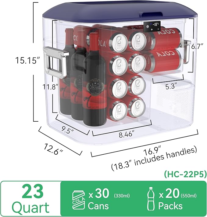 Car Refrigerator Portable Car Fridge 12V Refrigerator 23 Quart (22 Liter) Freezer Compressor Cooler 12V/24V DC 110~240 V AC for Outdoor Camping Travel Home Use -18℃~+15℃ (Blue)