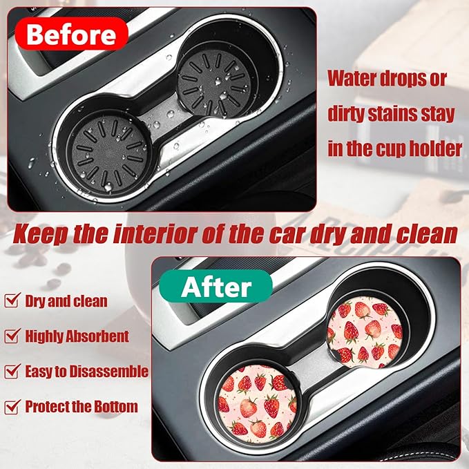 Cute Strawberry Car Coasters for Cup Holders, Absorbent Ceramic Car Coaster Car Cup Holder Coaster Car Accessories for Women Men (2 Pack)