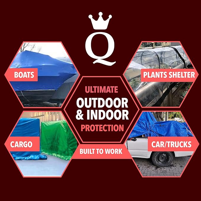 QUEEN OF TARPS | 6x8 Light Duty Tarp Waterproof, 70 GSM is 7 MIL, UV/Tear Resistant Tarp, Camping, Outdoor Furniture, Car, Tents, Painting, Firewood Protection | 6x8, Light Duty