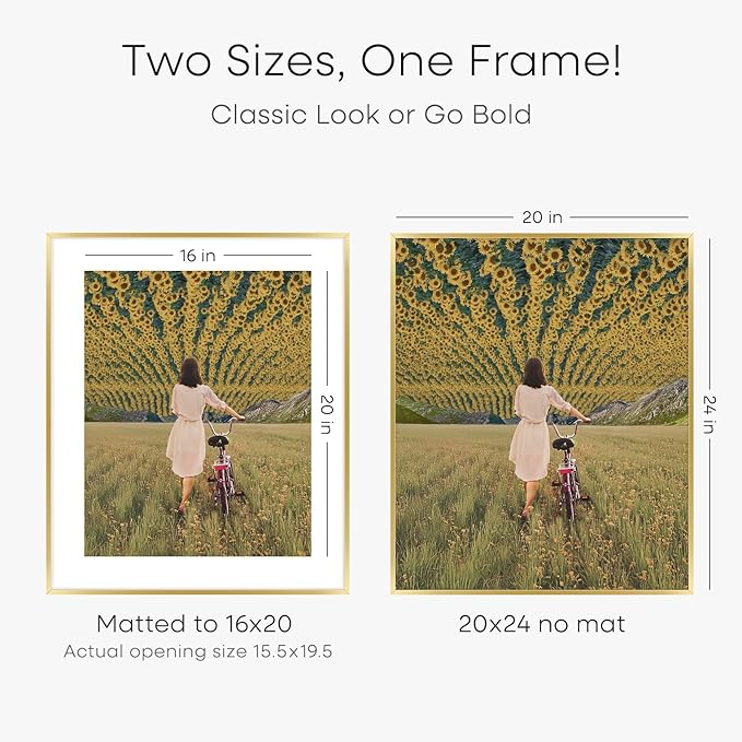 Homeforia 20x24 Picture Frame Gold, High End Metal 24x20 Frames for Wall, 20x24 Gold Frame Matted to 16x20 Print, 20 x 24 Poster Large Frame with Mat 16 by 20 Photo, Tempered Glass, Wall Kit, Set of 3