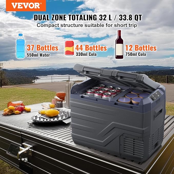VEVOR NLS45, 12 Volt Car Refrigerator Fridge, 32 L Dual Zone Portable Freezer, -4℉-68℉ Adjustable Range, 12/24V DC and 100-240V AC Compressor Cooler for Outdoor, Camping, RV, Bule and grey