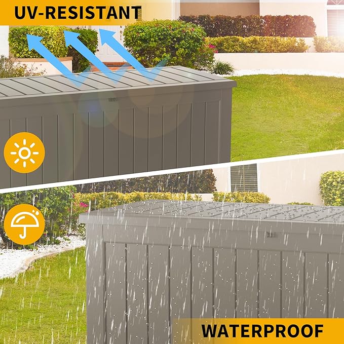 100 Gallon Lockable Resin Deck Box, Waterproof Outdoor Storage Box for Patio Furniture, Garden Tools, Pool Accessories, UV-Resistant Outside Delivery Grey