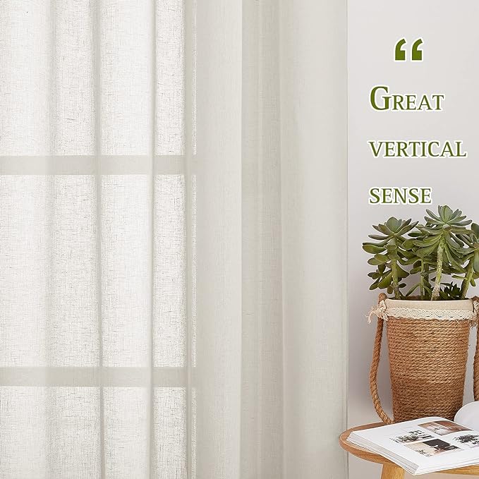 NICETOWN Linen Sheer Curtains 63 inch Length for Bedroom, Grommet Top Linen Blend Semi Sheer Privacy Window Treatment Light Filtering for Living Room, Natural, 52" W x 63" L, Set of 2