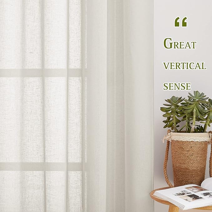 NICETOWN Linen Sheer Kids Room Curtains 63 inches Long, Grommet Linen Blend Semi Sheer Privacy Window Treatments Light Filtering Drapes for Living Room, Natural, W62 x L63, Set of 2