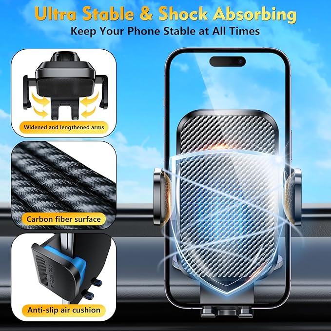Phone Holders for Your Car 2025 Upgraded Military-Grade Strongest Suction & Stable Clamp Arm Car Phone Holder Mount 360°Adjustable for Dashboard, Windshield, Air Vent for iPhone Samsung, Carbon Fiber