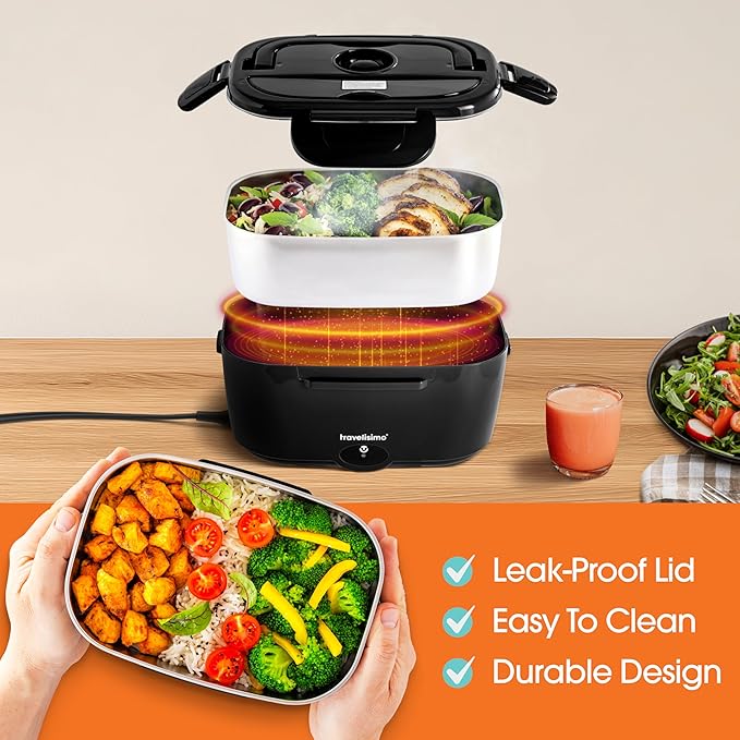 TRAVELISIMO Electric Lunch Box for Adults, 80W Heated Lunch Box 1.5L Stainless Steel Portable Food Warmer, 12/24/110V Lonchera Electrica Portatil for Travel & Work, Loncheras para Hombres de Trabajo