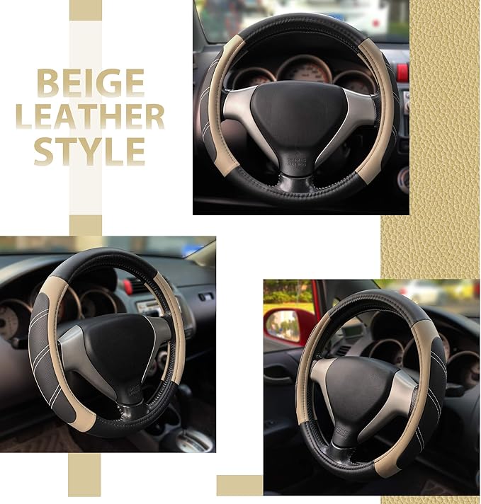 Elantrip Sport Leather Steering Wheel Cover 14 1/2 inch to 15 inch Universal, Padded Soft Grip Breathable for Car Truck SUV Jeep, Anti Slip Odorless Black and Beige