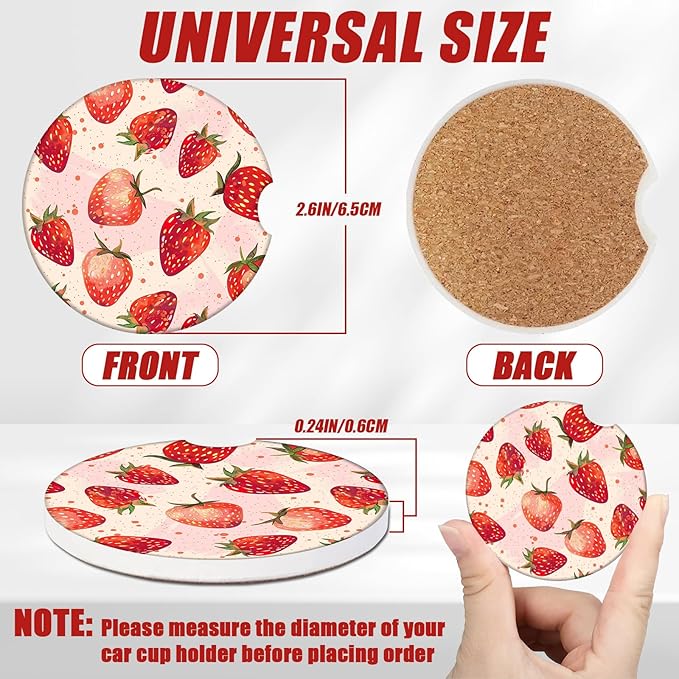 Cute Strawberry Car Coasters for Cup Holders, Absorbent Ceramic Car Coaster Car Cup Holder Coaster Car Accessories for Women Men (2 Pack)