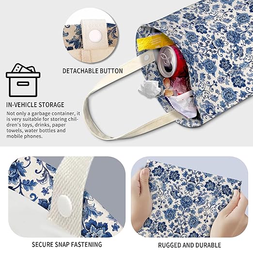Cute Car Trash Can, Hanging Canvas Car Back Seat Organizer and Storage Bag, Funny Car Trash Bag For Travelling, Outdoor Cute Blue Flower