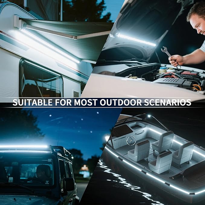 12V LED Interior Light Bar Kit, 4 Bars White Adjustable Brightness RV Camping Lights - Waterproof IP67, Magnetic & Velcro Mount, Portable Lighting for Tent, Car, Trailer, Boat, Truck, Off-Road, Cabin