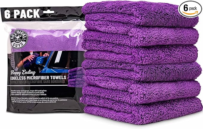 Chemical Guys Happy Ending Ultra Plush Edgeless Microfiber Towel Purple 6 Pack - Scratch-Free Detailing Cloth for Drying, Buffing, and Polishing All Surfaces (MIC34806)